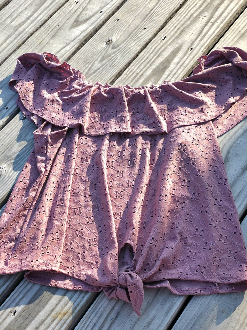 Ruffled Eyelet Off-Shoulder Tie-Front Crop Top — Mauve